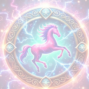 May include: A pink unicorn with a flowing mane and tail is depicted in a circular frame with a gold border. The frame is surrounded by a swirling, electric blue and pink background. The text "THE RADIANT ROUNDUP" and "A D&D ONE-SHOT ADVENTURE" is at the top of the image. The text "AN ORIGINAL FLYING DRAGON DICE AND GAMING ONE SHOT ADVENTURE FOR DND PLAY *INSPIRED BY THE SONG "PINK PONY CLUB"" is at the bottom of the image.