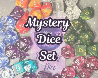 May include: A collection of multi-sided polyhedral dice in various colors including purple, blue, green, orange, and pink, scattered around a central card with the text Mystery Dice Set and Flying Dice printed in a dark purple script font.