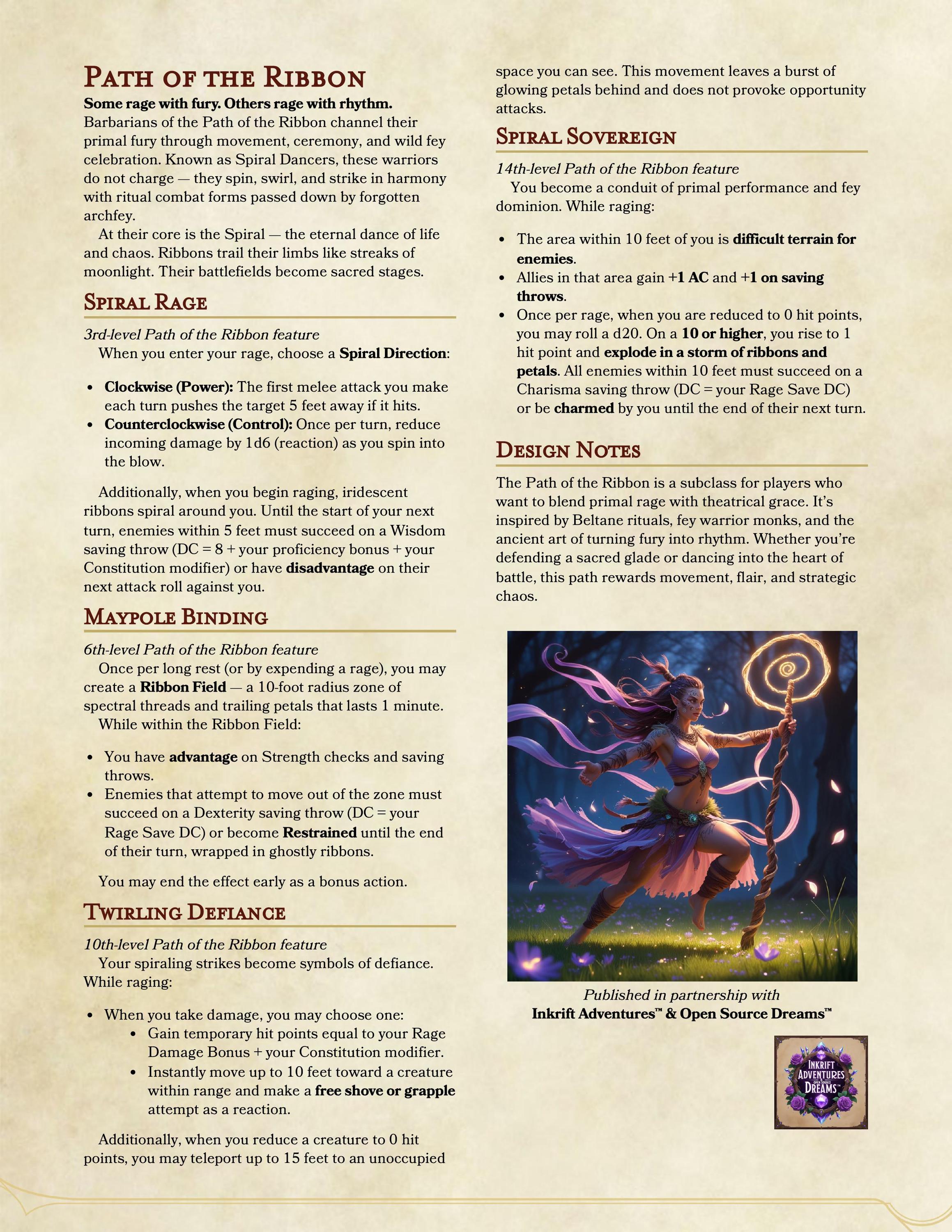 D&D Barbarian Subclass: Path of the Ribbon 5e (printable PDF) - Etsy