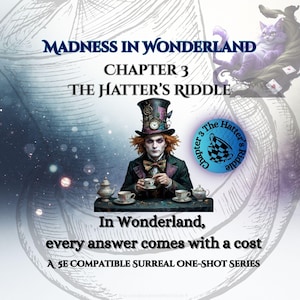 May include: An illustrated book cover for "Madness in Wonderland, Chapter 3: The Hatter's Riddle." The image features the Mad Hatter, teacups, and a Cheshire Cat. Text includes "In Wonderland, every answer comes with a cost."