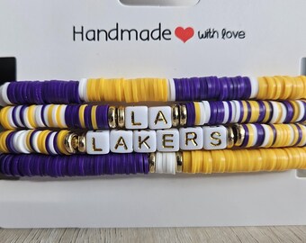 LA Lakers Inspired Beaded Bracelet Stack – Purple & Gold Heishi Stretch Bracelets