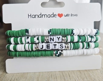 New York Jets Inspired Bracelet Stack | Green & White Heishi Beaded Stretch Bracelets | NFL Football Fan Jewelry