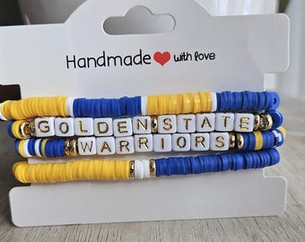 Golden State Warriors Inspired Heishi Bead Bracelet Stack – Blue & Gold Beaded Stretch