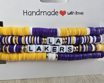 LA Lakers Inspired Beaded Bracelet Stack – Purple & Gold Heishi Stretch Bracelets