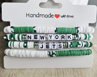 New York Jets Inspired Bracelet Stack | Green & White Heishi Beaded Stretch Bracelets | NFL Football Fan Jewelry