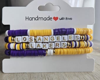 Los Angeles Lakers Inspired Beaded Bracelet Stack – Purple & Gold Heishi Stretch Bracelets