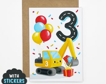 May include: A birthday greeting card featuring a yellow construction excavator with a smiling face, a large black number 3 designed like a road, colorful balloons, and wrapped gifts. The card includes a brown envelope and a black sticker label.