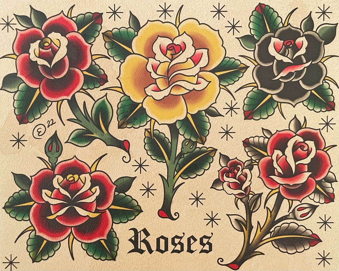 Roses Traditional Tattoo Style Art Print by Queertooer - Etsy