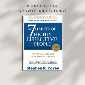 May include: The 7 Habits of Highly Effective People book cover, 25th Anniversary Edition, with a blue background and gold lettering. The book cover features the title "The 7 Habits of Highly Effective People" and the author's name "Stephen R. Covey".