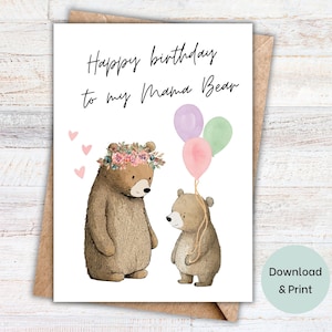Mama Bear Birthday Card | Printable Download | Card for Mom | Bear and Cub | Instant Download | Greeting Card for her