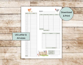 Chicken Egg Tracker | Printable Egg Production, Sales and Expense Tracker | Chicken Calendar | Homestead Egg Collection Log | US Letter A4