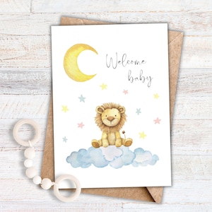 New Baby Card Printable, Baby Shower Card, Baby Congratulations, Welcome Baby, Lion Cub, Instant Download, Cute Greeting Card, Moon & Stars