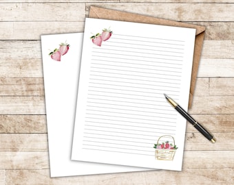Strawberry Printable Stationery | Lined Letter Paper | Pen Pal | US Letter & A4 PDF | Digital Download