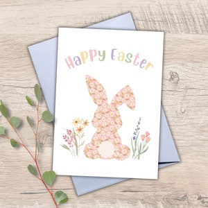 Printable Easter Card with Pink Bunny Rabbit, Watercolor Flowers, Instant download, Happy Easter Greeting Card, Bunny Tail Ears, 5x7 Digital