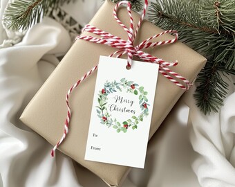 Printable Christmas Tags, Greenery Wreath with Red Berries, Holiday Party Favor Tags, To From Tags, Instant Download, Merry Christmas, PDF