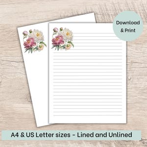 Peony Printable Stationery, Pink White Peonies, Floral Letter Writing Paper, US letter, A4, Unlined Journal Paper, Note Paper, Pen Pal