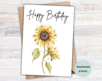 Birthday card printable for her, bright colorful sunflowers. Instant download happy birthday greeting card for friend. Floral birthday card.