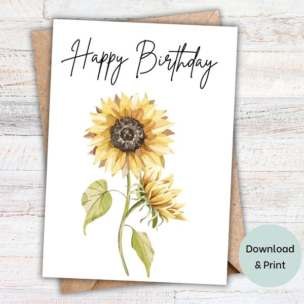 Birthday card printable for her, bright colorful sunflowers. Instant download happy birthday greeting card for friend. Floral birthday card.