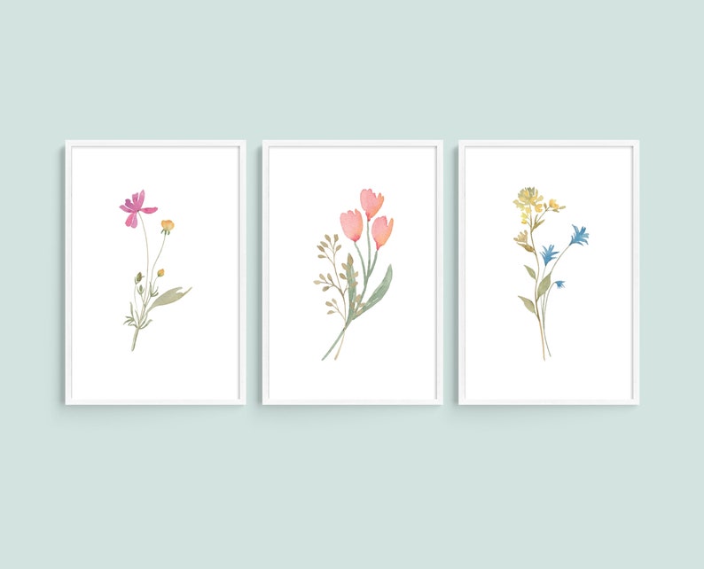 Watercolor Wildflowers Printable Art Set of 3, Girls Nursery, Living ...