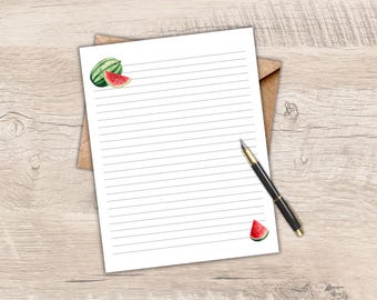 Watermelon Printable Stationery, Lined Writing Paper, 8.5x11 US Letter, A4, Watercolor Summer Fruit, instant digital download, Pen Pals