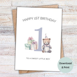 1st Birthday Card for Boy printable instant download DIY greeting card, happy birthday to son, grandson, nephew, blank inside card 5x7 PDF