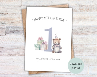 May include: A printable card with a watercolor illustration of a teddy bear wearing a party hat and holding a gift. The card says "Happy 1st Birthday to a sweet little boy".