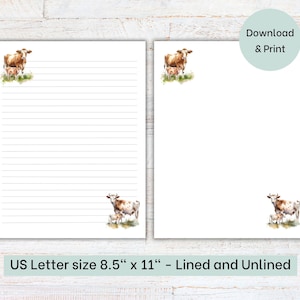 Printable Cow Stationery | Letter Writing Paper | Lined and Unlined Stationery | US Letter 8.5x11 in | Instant Download | Homesteading