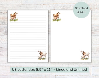 Printable Cow Stationery | Letter Writing Paper | Lined and Unlined Stationery | US Letter 8.5x11 in | Instant Download | Homesteading