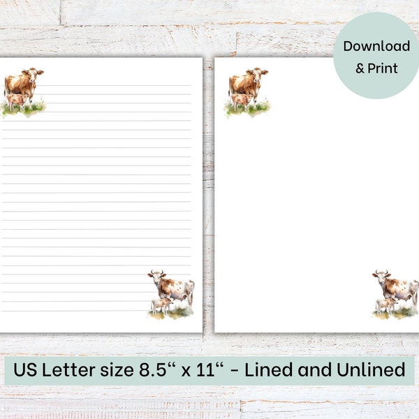 Printable Cow Stationery | Letter Writing Paper | Lined and Unlined Stationery | US Letter 8.5x11 in | Instant Download | Homesteading