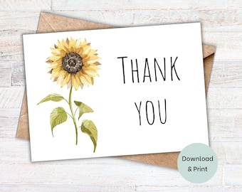 Thank You Card Sunflower Printable  | Gratitude Card | Instant Download | Greeting Card | Thank You Note | Digital Download