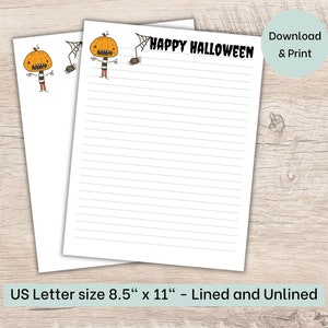 Printable Halloween writing paper pumpkin head funny monster writing paper for kids lined & unlined stationery paper US letter 8.5x11 inches