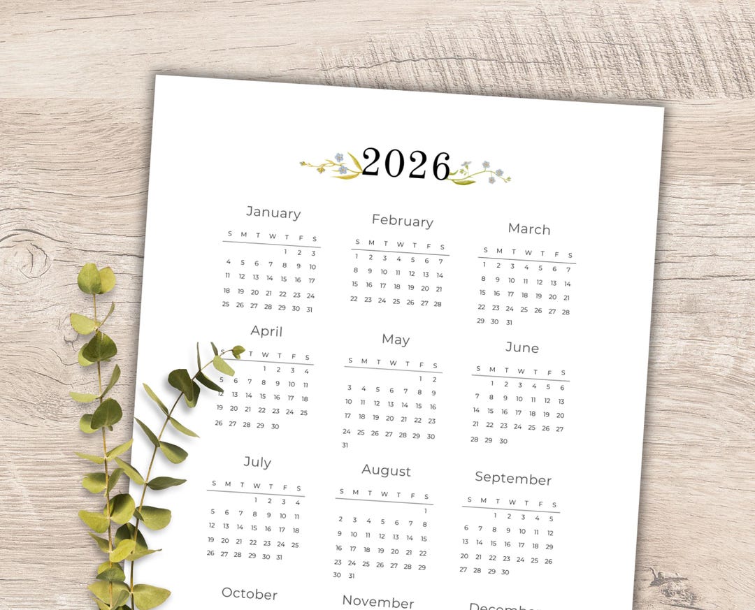 2026 Calendar Year Printable | Year at a Glance | Minimalist Botanical ...