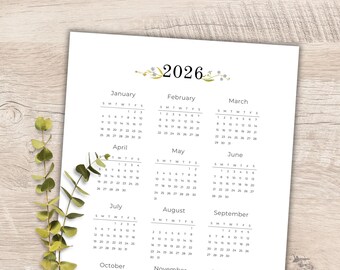 2026 Calendar Year Printable | Year at a Glance | Minimalist Botanical Floral | Sunday & Monday Start | US Letter + A4