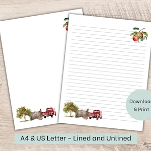 Fall Printable Stationery, Apple Harvest Lined Writing Paper, US Letter, A4, Red Farm Truck, Instant Download, Autumn Pen Pal Letter