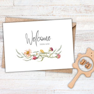 Wildflower Baby Shower Card, Welcome Little One, Instant Download, 5x7 Greeting Card, Baby in Bloom, Watercolor New Baby Card, Printable