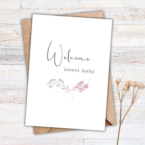 Baby Card Printable Baby Shower Card Welcome Baby Card Instant Download Greeting Card Minimal Floral Baby Card New Baby Card for Baby Girl