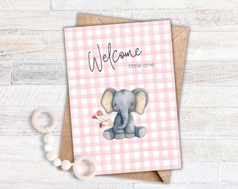 Baby Card Printable, Elephant Baby Shower Card, Baby Congratulations, Welcome Little One, Pink Baby Girl, Instant Download, Greeting Card
