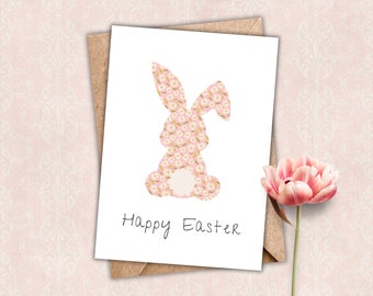 Happy Easter Printable Card, Pink Floral Bunny Rabbit, Instant download, Cute Bunny Tail and Ears, Minimal Greeting Card, 5x7 Digital