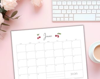 June 2026 Calendar | Editable + Printable Monthly Planner | Watercolor Cherries | US Letter Landscape Fillable PDF