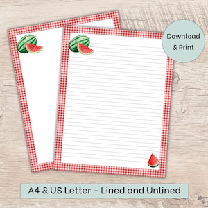 May include: Two printable stationery sheets with a red and white gingham border. One sheet is lined and the other is unlined. Both sheets feature a watermelon illustration in the top corner. The text "Download & Print" is on a light blue circle.