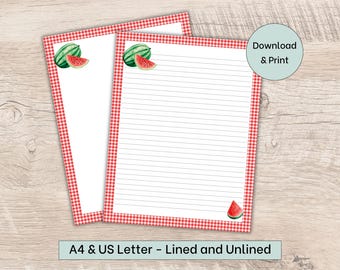 Watermelon Printable Stationery, Lined Writing Paper, Red Gingham Border, 8.5x11 US Letter, A4, Instant Digital Download, Summer Fruit
