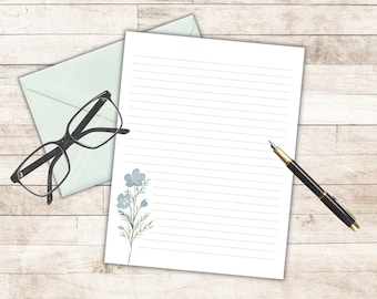 Printable Stationery, Blue Wildflowers, A4, US letter 8.5x11 in., floral lined and unlined digital letter writing paper, note paper, pen pal