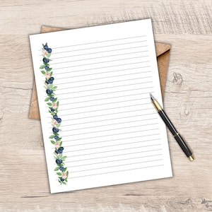 Blueberry Printable Stationery, Letter Writing Paper, US Letter A4, Lined, Unlined, Instant Download, Summer Fruit, Farm Fresh Blueberries