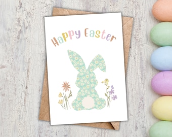 Printable Easter Card with Bunny Rabbit, Watercolor Flowers, Instant download, Happy Easter Greeting Card, Bunny Tail and Ears, 5x7 Digital