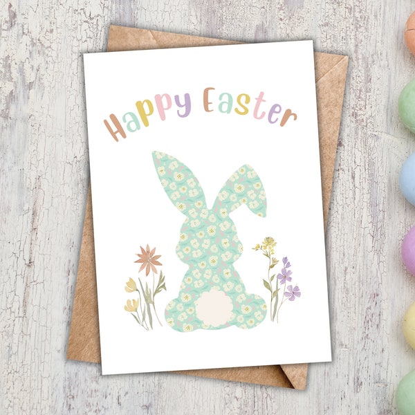Printable Easter Card with Bunny Rabbit, Watercolor Flowers, Instant download, Happy Easter Greeting Card, Bunny Tail and Ears, 5x7 Digital