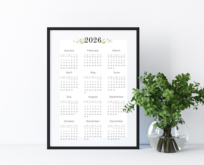 2026 Calendar Year Printable | Year at a Glance | Minimalist Botanical ...