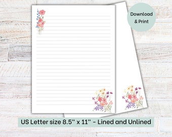 Printable Wildflower Stationery | Letter Writing Paper | Lined Unlined Paper | US Letter 8.5x11 in | Floral Paper | Instant Digital Download