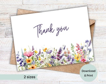 Wildflower Thank You Card Printable | Floral Thank You Card | Bridal Shower | Baby Shower | Folded Card | Thank You Note