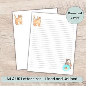 Cat and Fishbowl Printable Stationery, Cute Cats Letter Writing Paper, Animal Stationery, Notebook Paper, US Letter, A4, Digital Paper