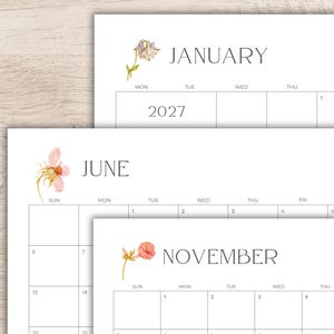 2027 Printable Calendar | 12 Month Planner | Minimalist Botanical Flowers | Sunday & Monday Start